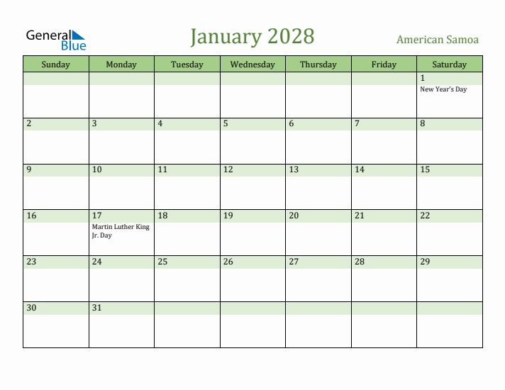 January 2028 Calendar with American Samoa Holidays