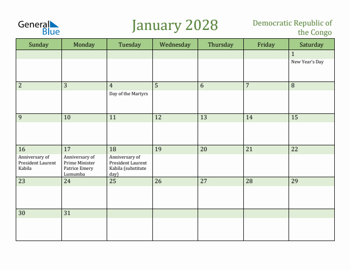 January 2028 Calendar with Democratic Republic of the Congo Holidays