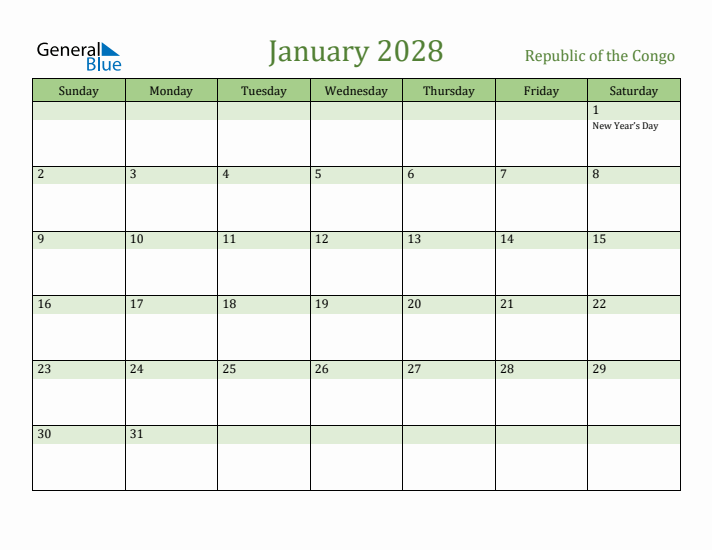 January 2028 Calendar with Republic of the Congo Holidays