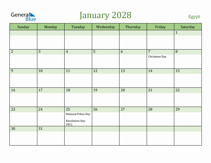 January 2028 Calendar with Egypt Holidays