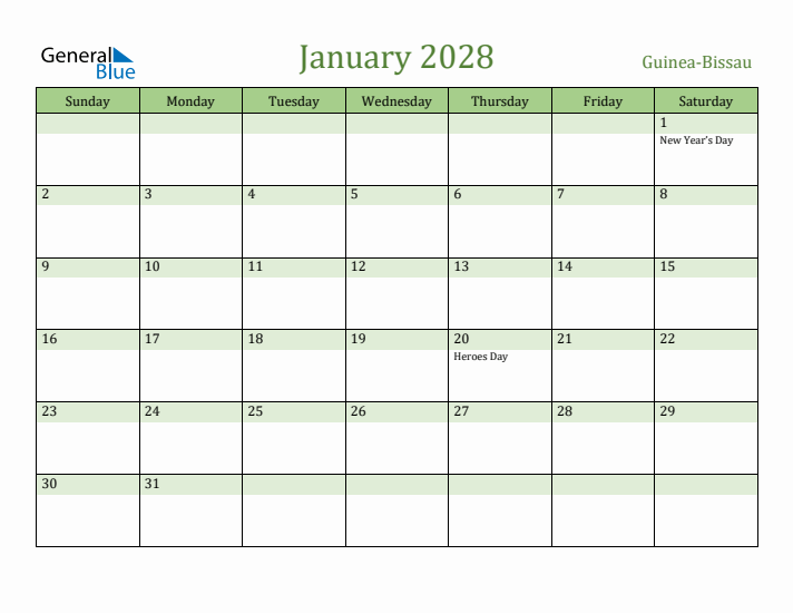 January 2028 Calendar with Guinea-Bissau Holidays