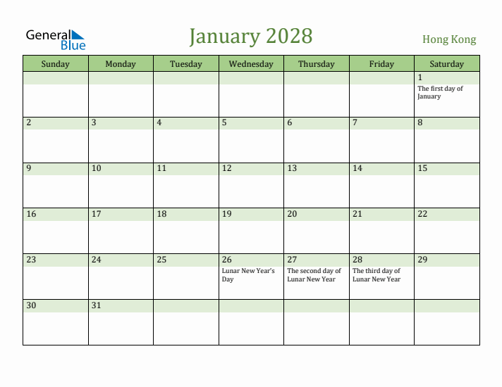 January 2028 Calendar with Hong Kong Holidays
