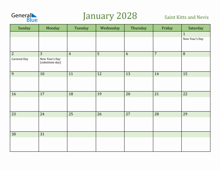 January 2028 Calendar with Saint Kitts and Nevis Holidays