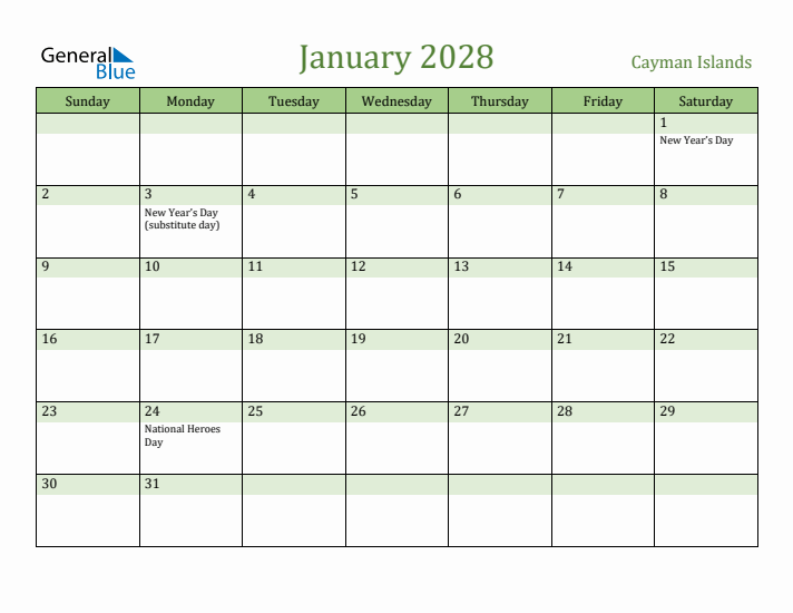 January 2028 Calendar with Cayman Islands Holidays