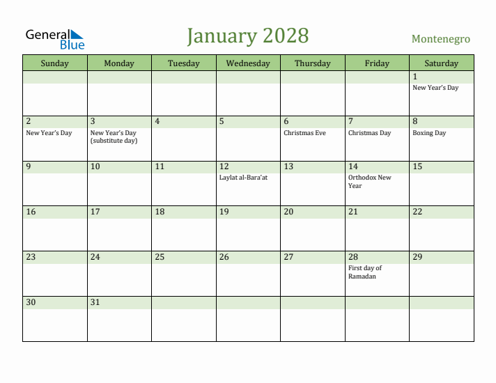 January 2028 Calendar with Montenegro Holidays