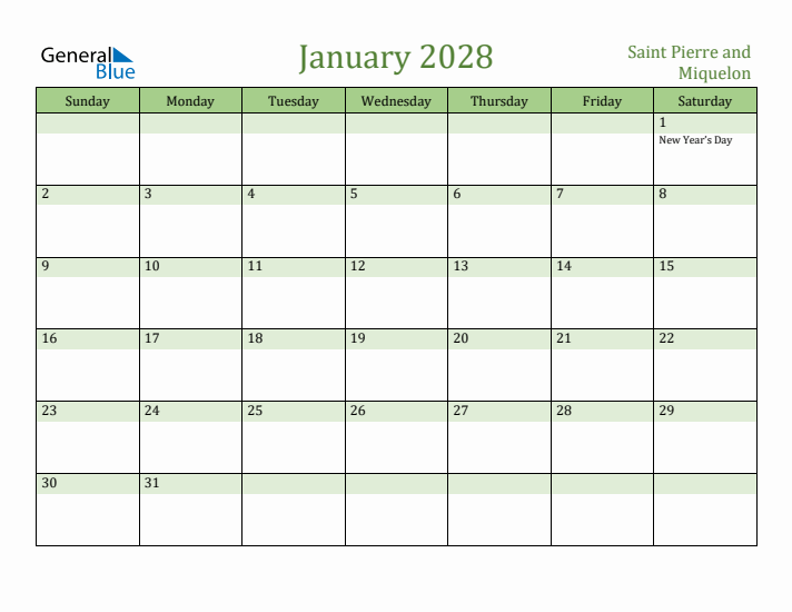 January 2028 Calendar with Saint Pierre and Miquelon Holidays