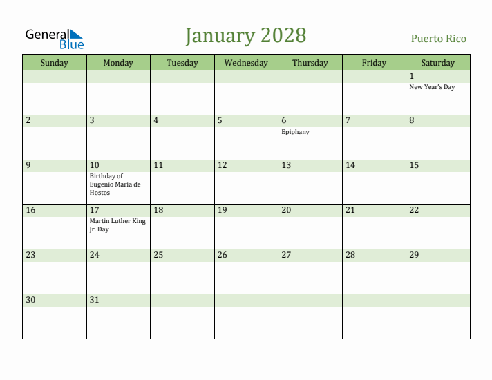 January 2028 Calendar with Puerto Rico Holidays