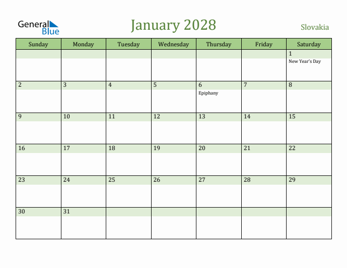 January 2028 Calendar with Slovakia Holidays