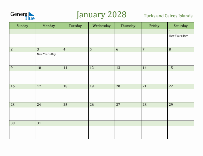 January 2028 Calendar with Turks and Caicos Islands Holidays