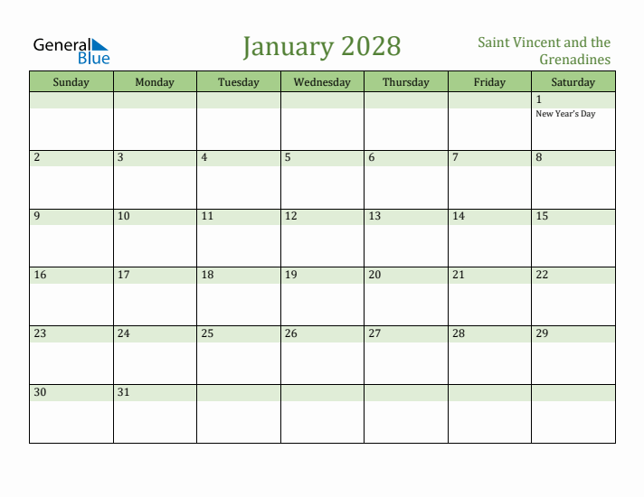 January 2028 Calendar with Saint Vincent and the Grenadines Holidays