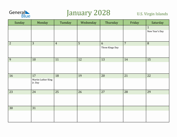 January 2028 Calendar with U.S. Virgin Islands Holidays