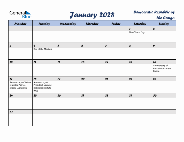 January 2028 Calendar with Holidays in Democratic Republic of the Congo