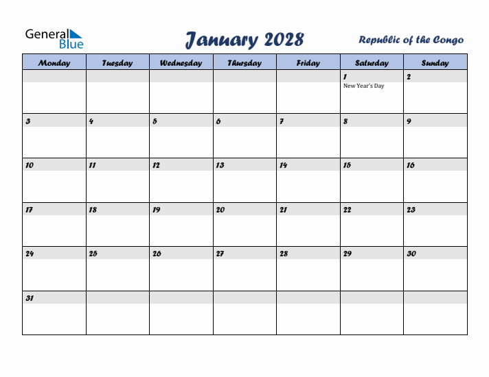 January 2028 Calendar with Holidays in Republic of the Congo