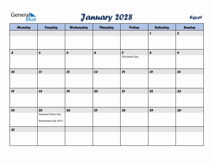 January 2028 Calendar with Holidays in Egypt