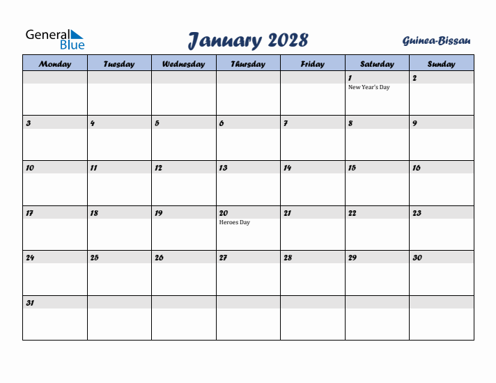 January 2028 Calendar with Holidays in Guinea-Bissau