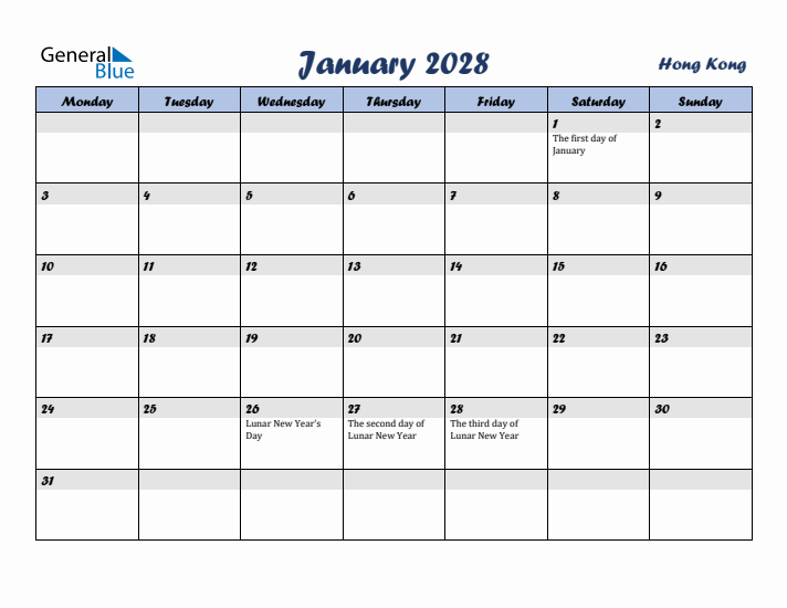 January 2028 Calendar with Holidays in Hong Kong