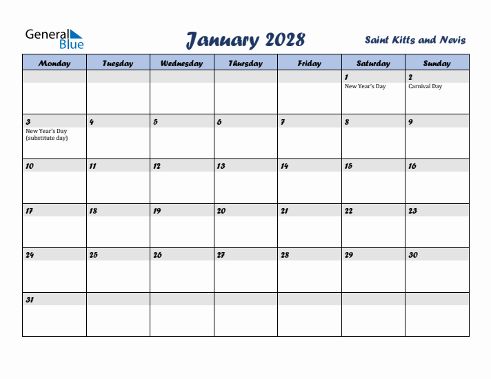 January 2028 Calendar with Holidays in Saint Kitts and Nevis