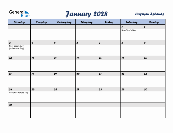 January 2028 Calendar with Holidays in Cayman Islands