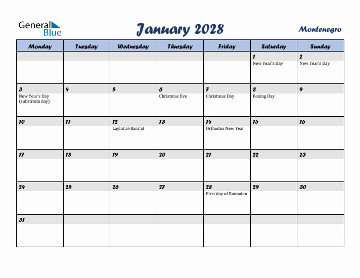 January 2028 Calendar with Holidays in Montenegro