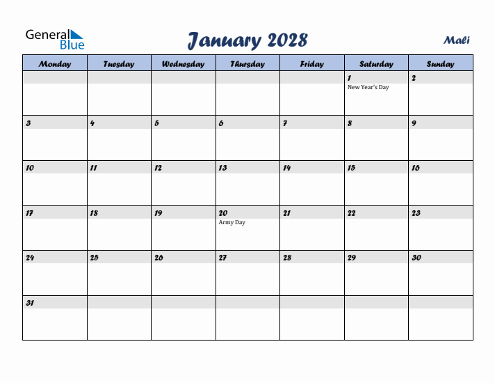 January 2028 Calendar with Holidays in Mali
