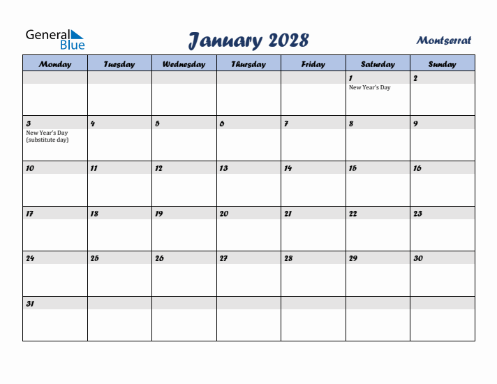 January 2028 Calendar with Holidays in Montserrat