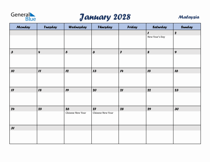 January 2028 Calendar with Holidays in Malaysia