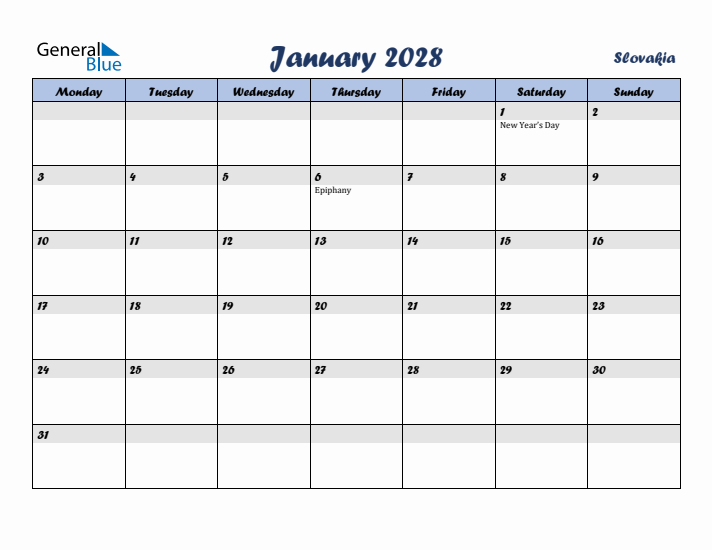 January 2028 Calendar with Holidays in Slovakia