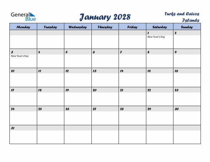 January 2028 Calendar with Holidays in Turks and Caicos Islands