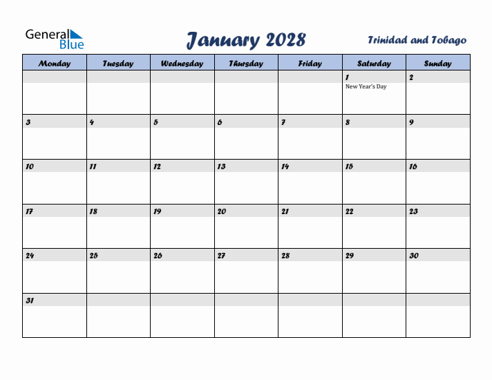 January 2028 Calendar with Holidays in Trinidad and Tobago