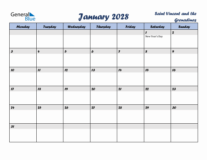 January 2028 Calendar with Holidays in Saint Vincent and the Grenadines