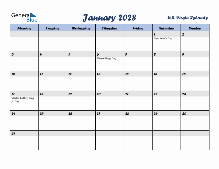 January 2028 Calendar with Holidays in U.S. Virgin Islands