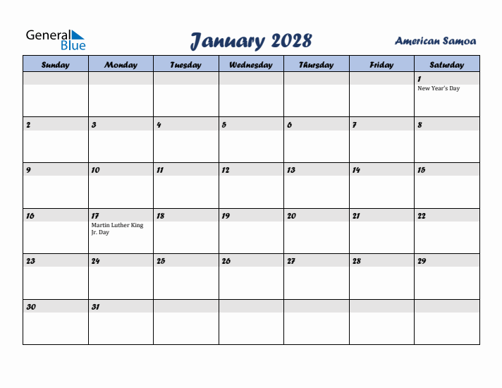 January 2028 Calendar with Holidays in American Samoa