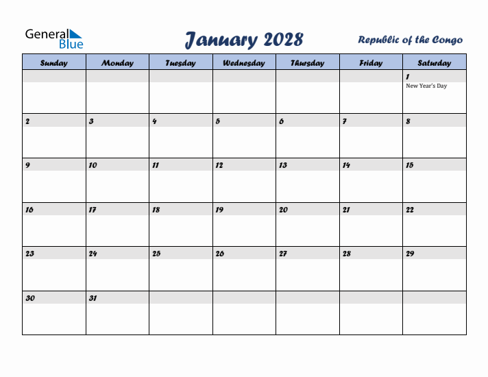January 2028 Calendar with Holidays in Republic of the Congo