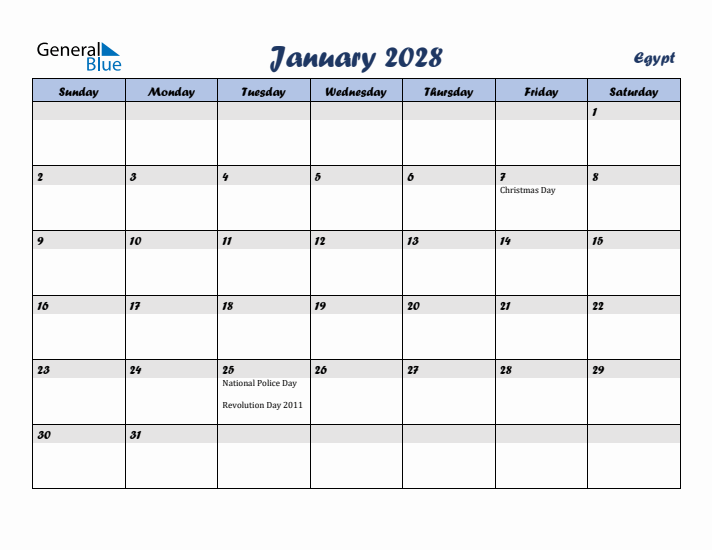 January 2028 Calendar with Holidays in Egypt