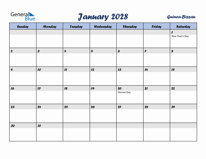 January 2028 Calendar with Holidays in Guinea-Bissau