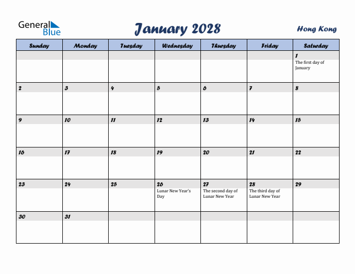 January 2028 Calendar with Holidays in Hong Kong