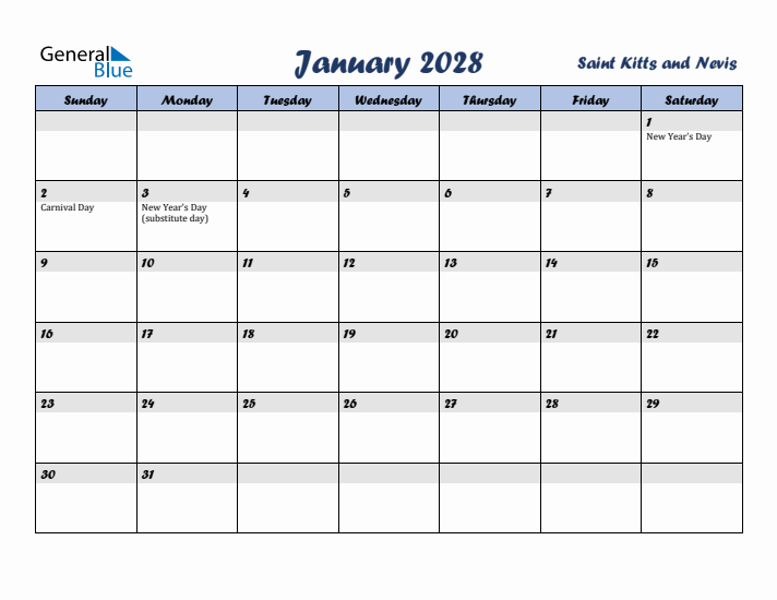 January 2028 Calendar with Holidays in Saint Kitts and Nevis