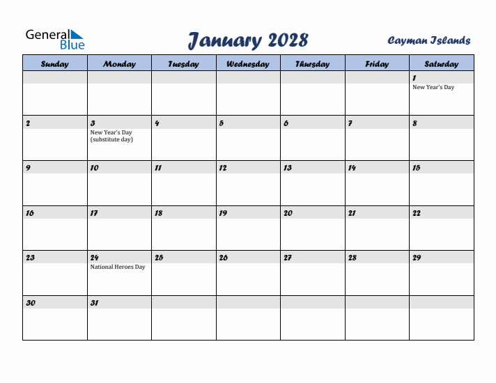 January 2028 Calendar with Holidays in Cayman Islands