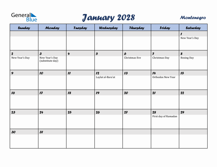 January 2028 Calendar with Holidays in Montenegro