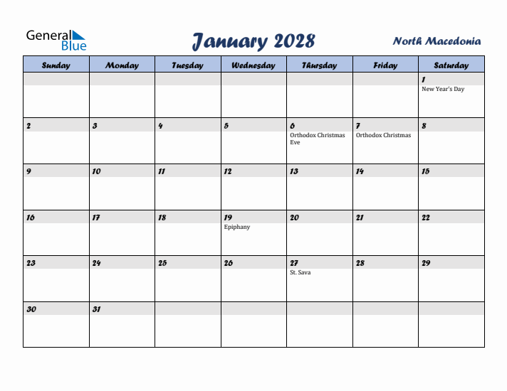 January 2028 Calendar with Holidays in North Macedonia