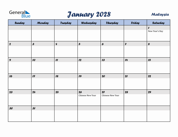 January 2028 Calendar with Holidays in Malaysia