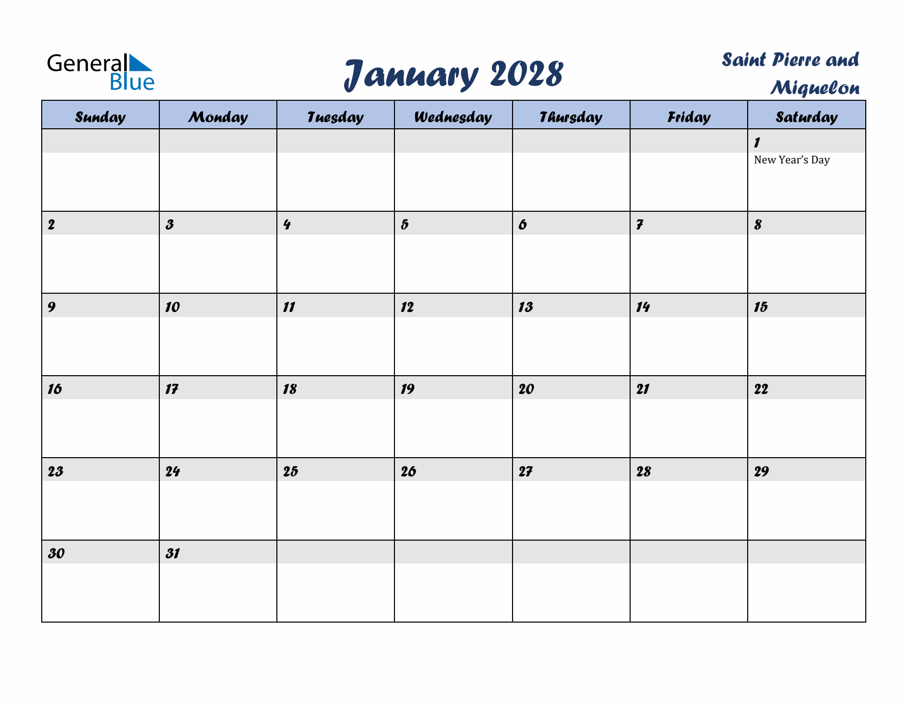 January 2028 Calendar with Holidays in Saint Pierre and Miquelon
