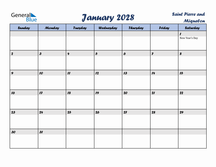 January 2028 Calendar with Holidays in Saint Pierre and Miquelon