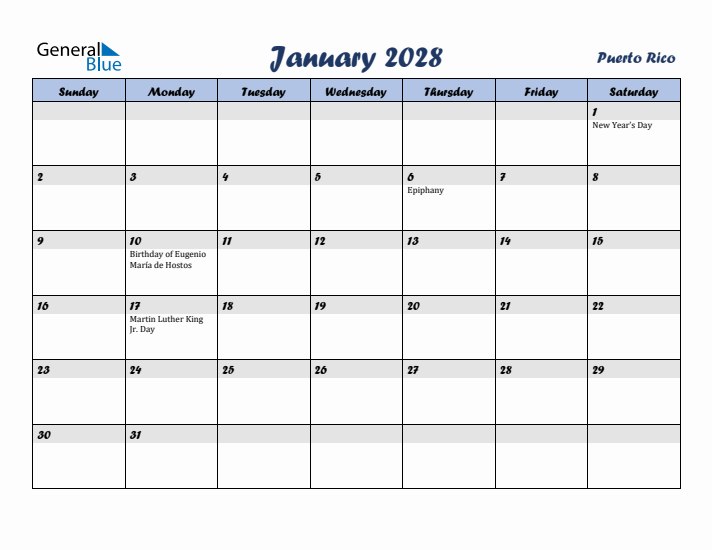 January 2028 Calendar with Holidays in Puerto Rico
