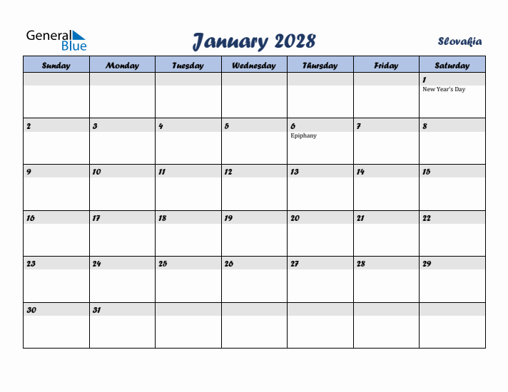 January 2028 Calendar with Holidays in Slovakia