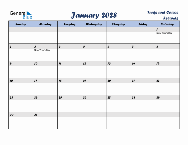 January 2028 Calendar with Holidays in Turks and Caicos Islands