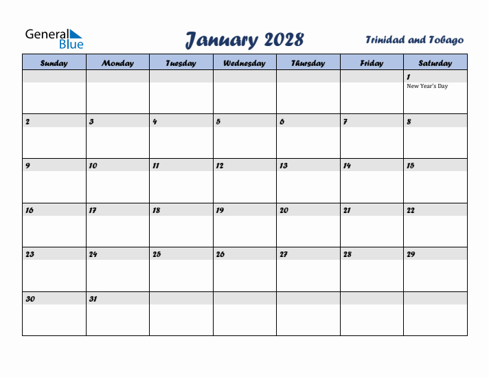 January 2028 Calendar with Holidays in Trinidad and Tobago