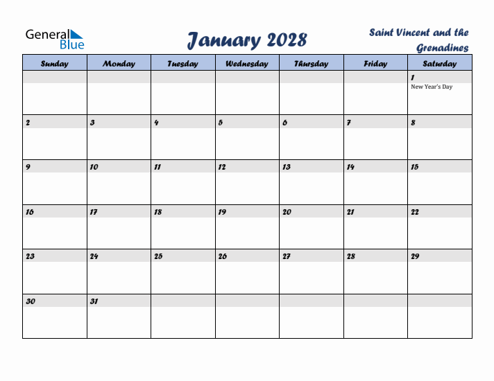 January 2028 Calendar with Holidays in Saint Vincent and the Grenadines