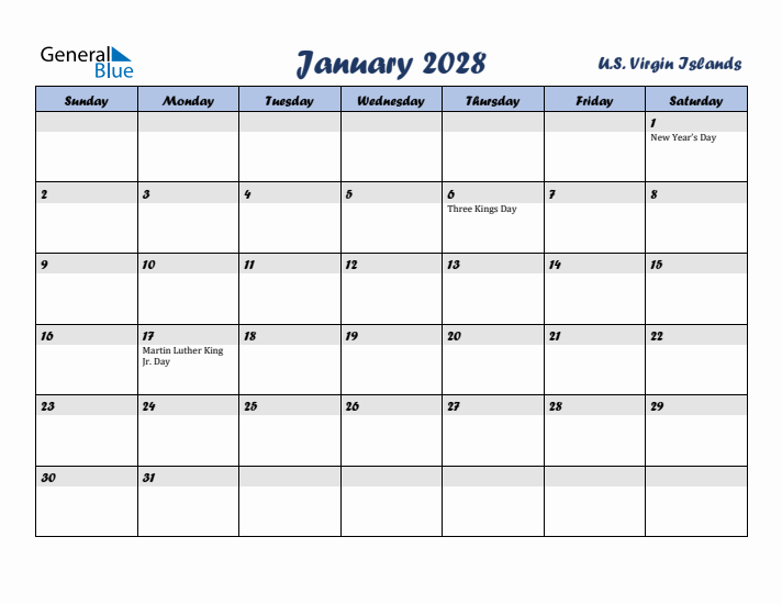 January 2028 Calendar with Holidays in U.S. Virgin Islands