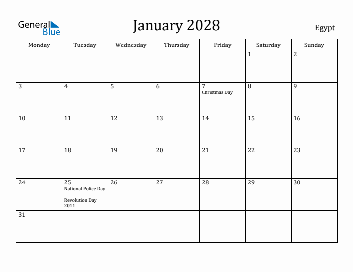 January 2028 Calendar Egypt